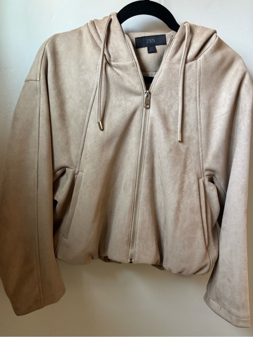 Zara Light Beige Hooded Suede-Look Bomber Jacket